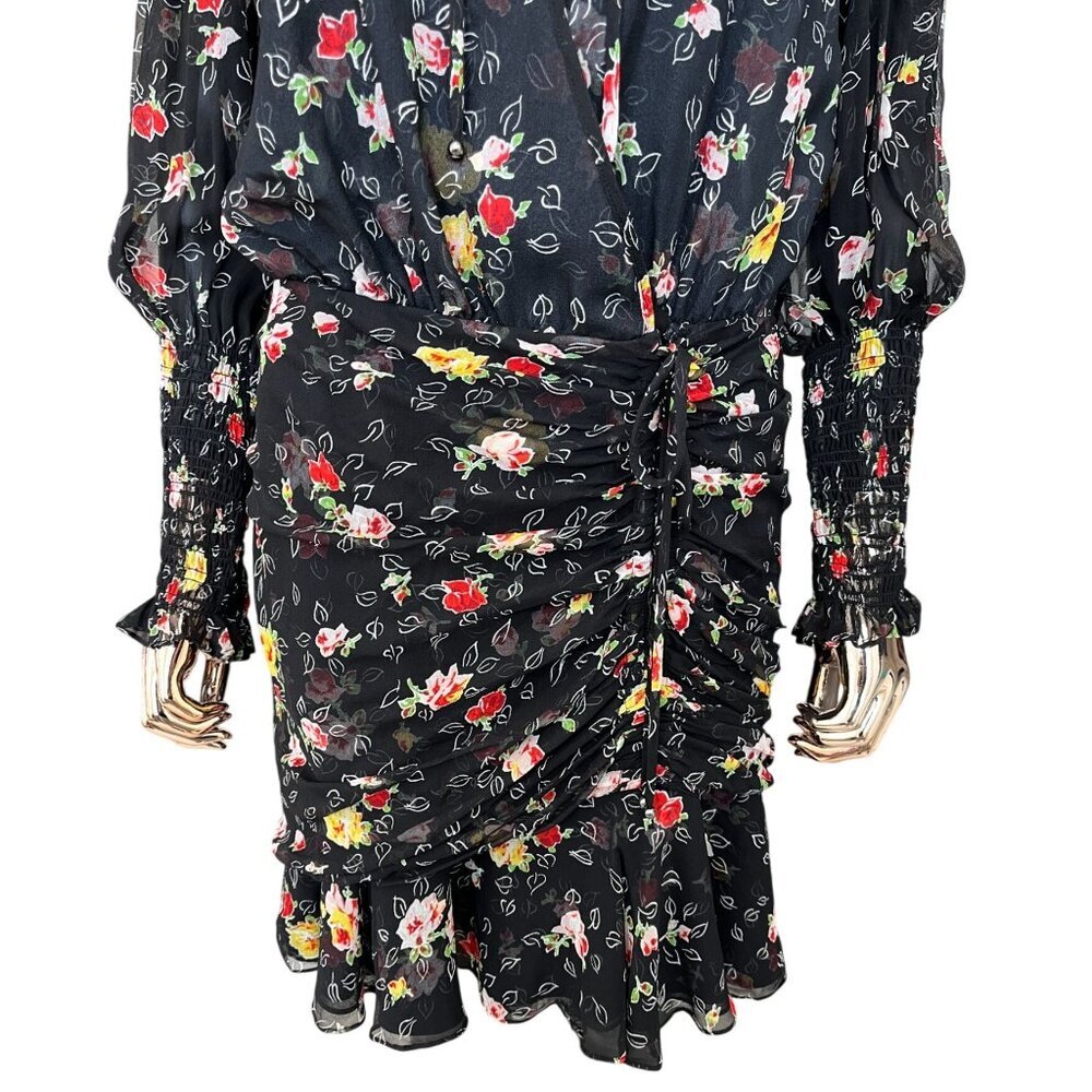 Veronica Beard  Armeria Black Floral Silk Wrap Dress Size 8 Ruched Ruffle Mini - Picture 5 of 8